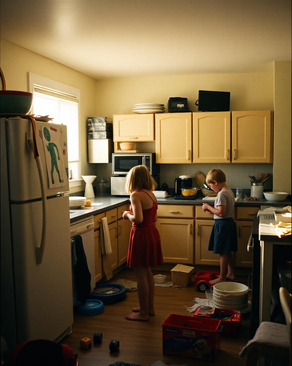 A busy family kitchen with toys on the floor and dishes on the counter