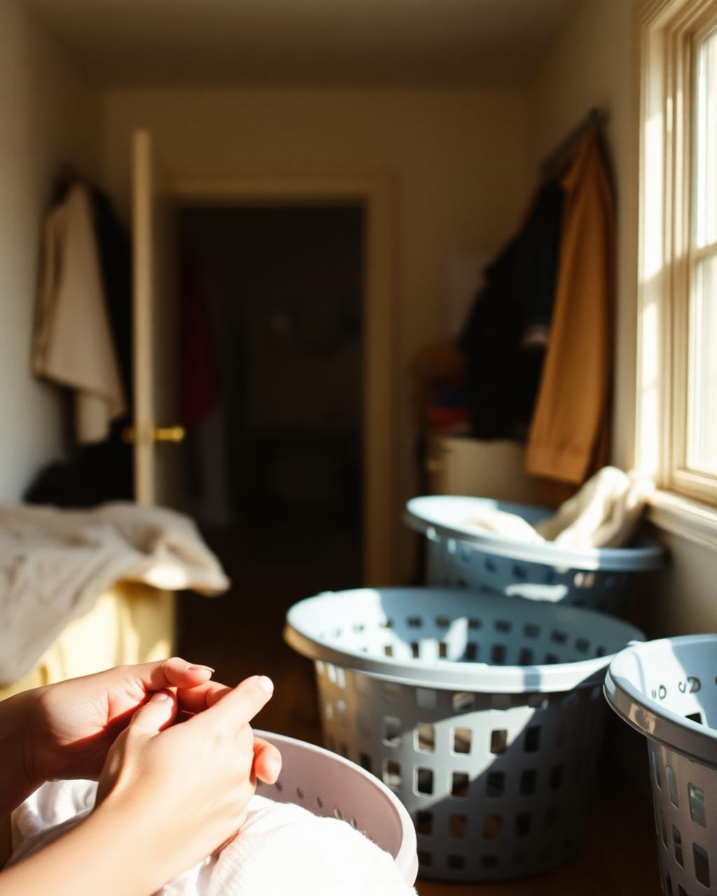 Warm light in a lived-in home with laundry baskets