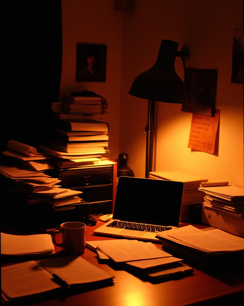 A cluttered home office desk lit by a warm lamp