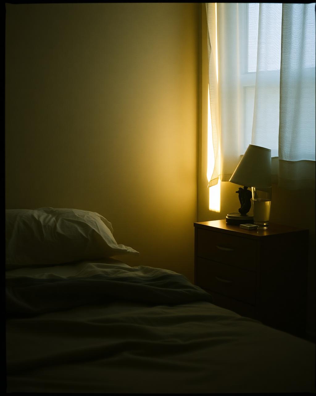 A quiet bedroom with soft morning light and a glass of water on the nightstand