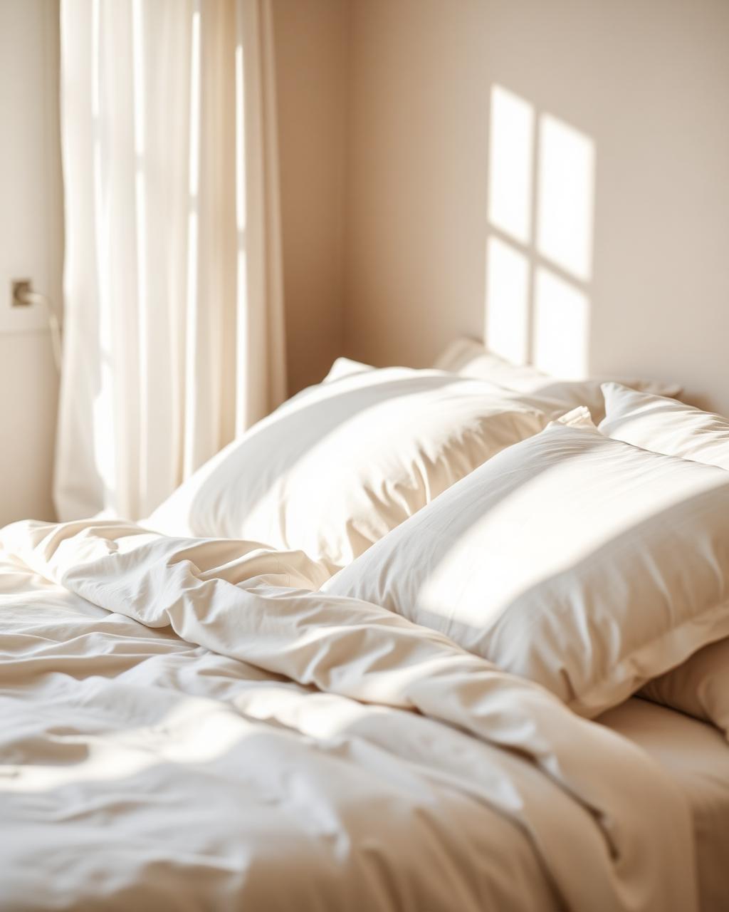 A freshly made bed with smooth linens in a sunlit bedroom