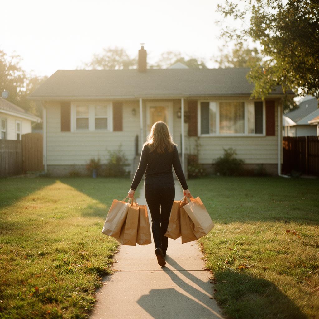 A helper carrying grocery bags up a sunlit front walkway