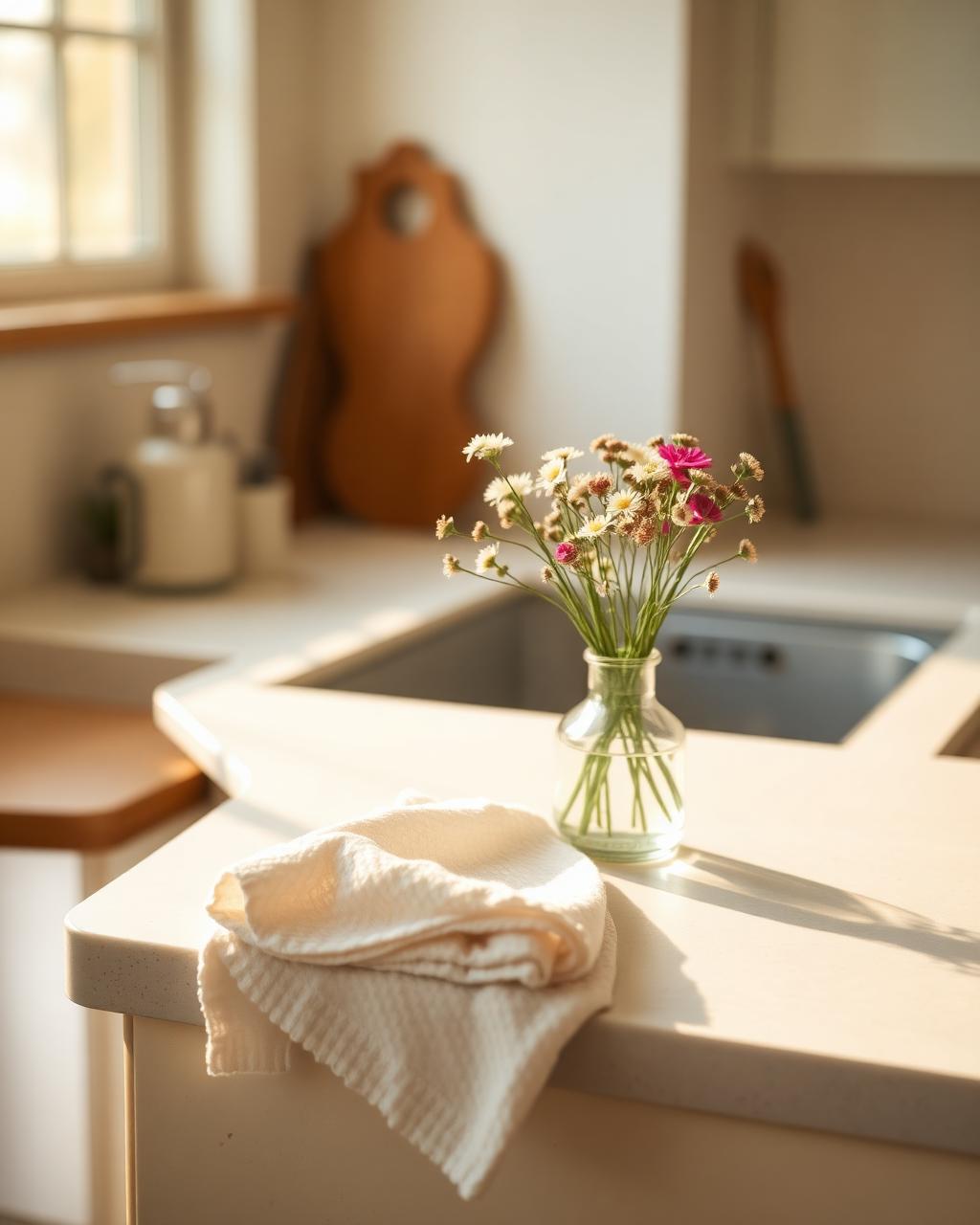 A clean kitchen counter with a folded towel and small vase of wildflowers in morning light