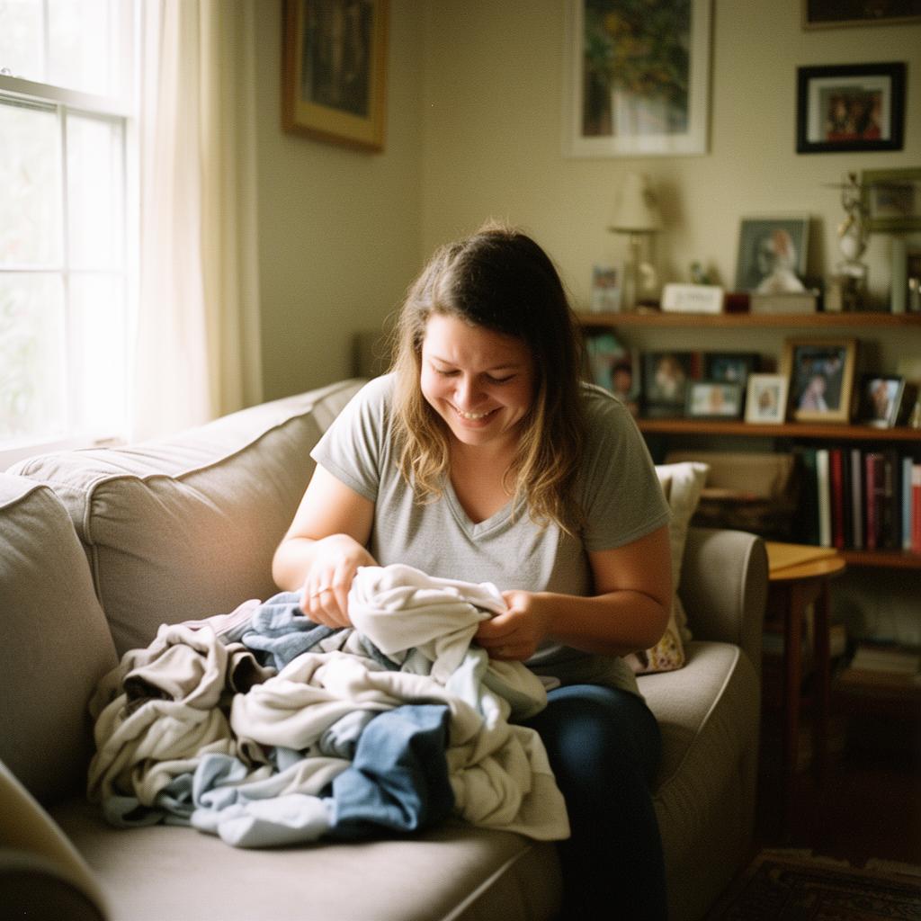 Warm folded laundry on a sunlit couch