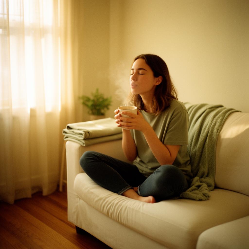 A calm, sunlit living room with a person quietly enjoying coffee on a tidy couch — the feeling after an UpKeep reset