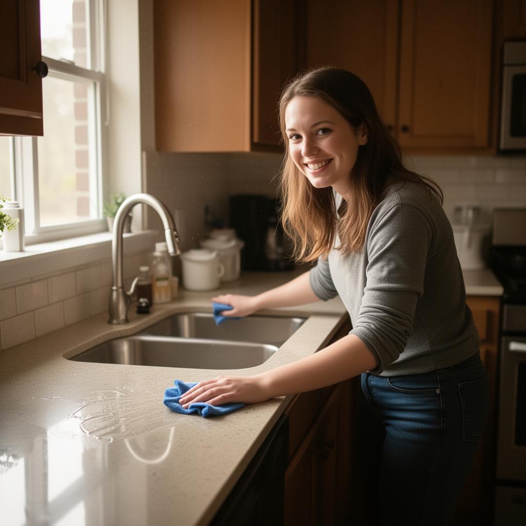 Kitchen counters being wiped down and reset