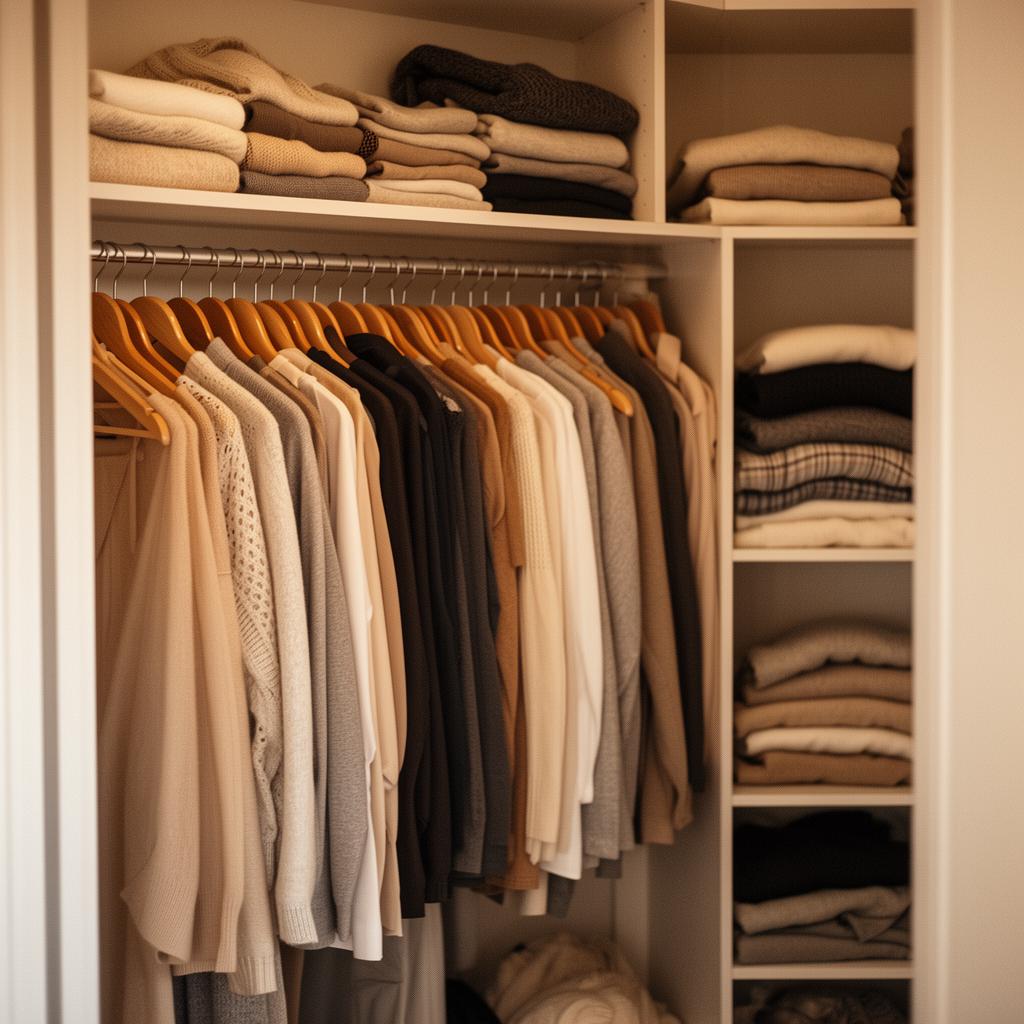 Organized closet with neutral tones