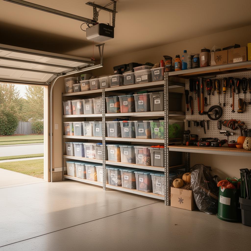 Garage with labeled bins and pegboard