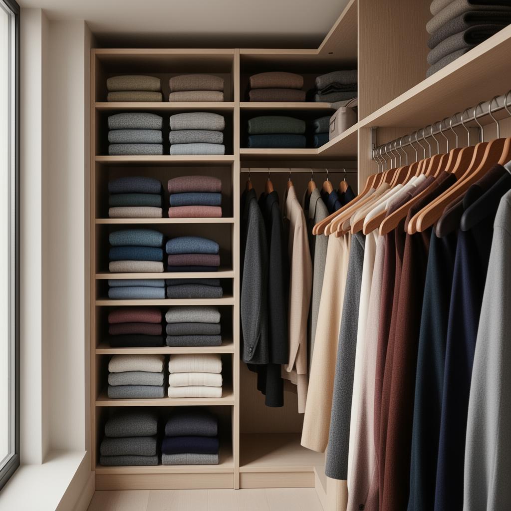 Walk-in closet organized by category and color