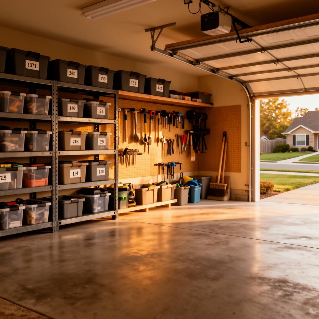 Garage with labeled bins and pegboard tool wall