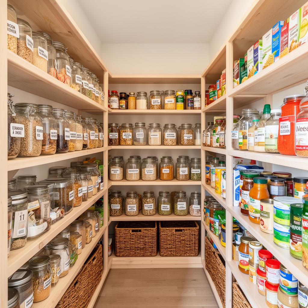 Organized walk-in pantry with labeled jars and baskets