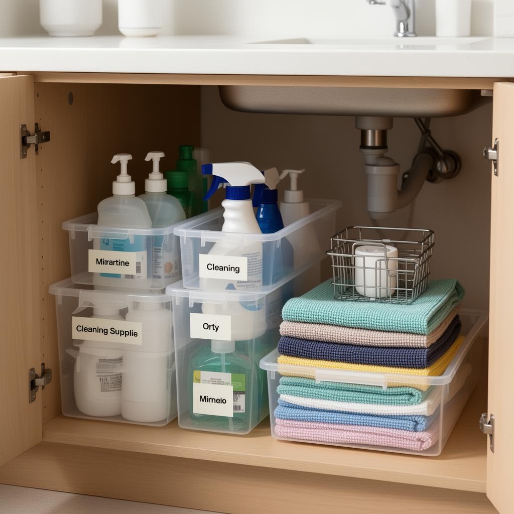 Under-sink cabinet with labeled clear bins